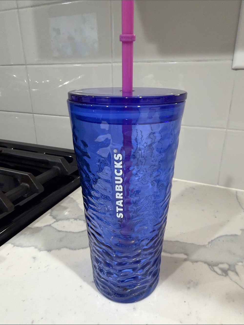 Starbucks Blue Textured Tumbler with Lid and Pink Straw